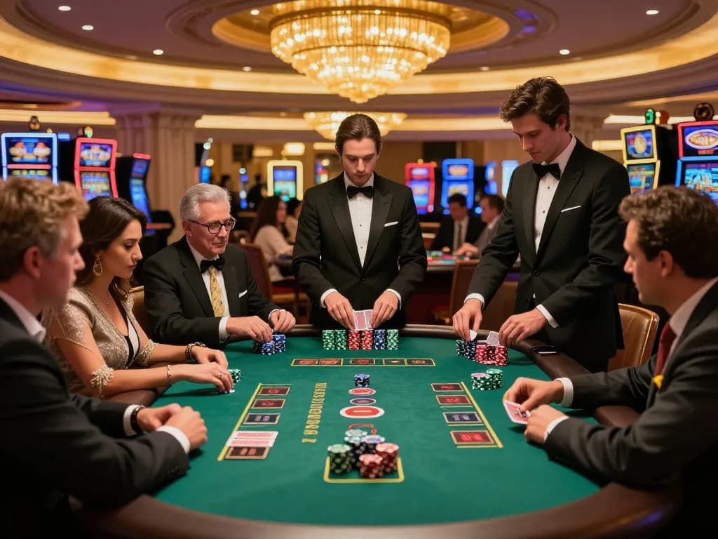 TG88 gaming players prepare for a strategic blackjack session in a luxurious Vegas casino.