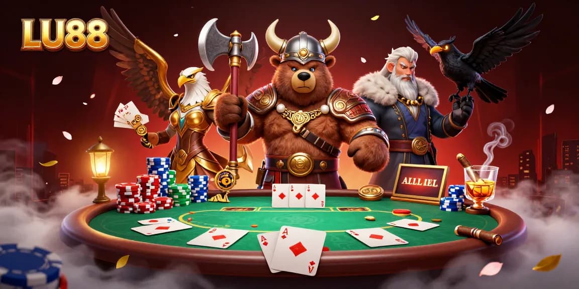 LU88 showcases dynamic poker action with Viking bear and Valkyrie amidst colorful gameplay elements.