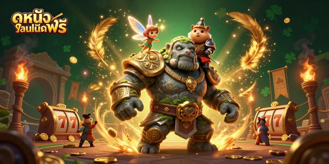 Engage in thrilling ดูหนังออนไลน์ฟรี experiences with a majestic golem and whimsical characters amidst a vibrant casino scene.