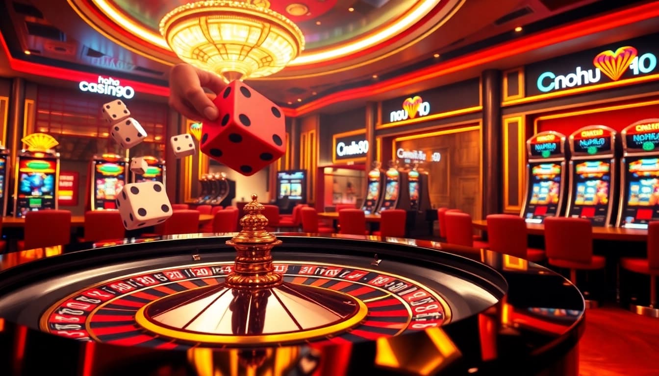 Nohu 90 - gamblers engaged with vibrant slot machines and a thrilling roulette table