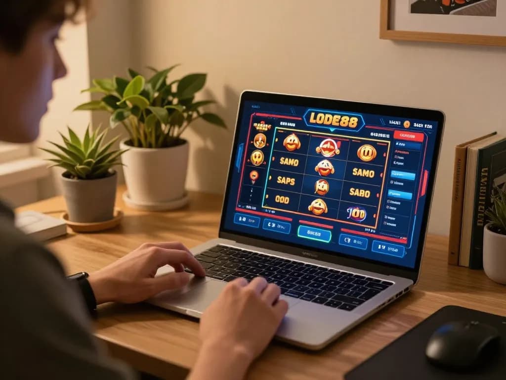 Play slots at LODE88 with a laptop in a cozy home gaming setup, showcasing an engaging digital experience.