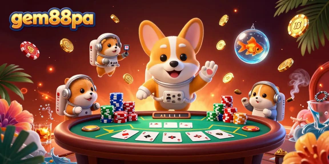 Experience a vibrant space casino adventure with gem88pa, as cartoon characters float among poker chips and games.