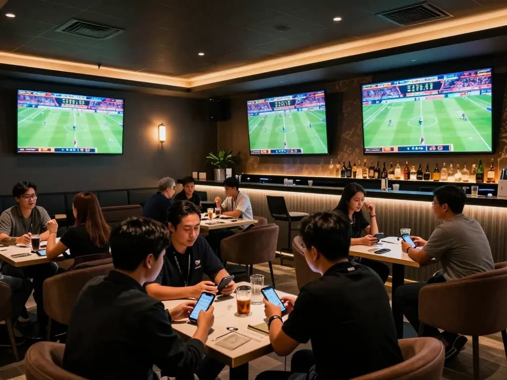 Fans engaged in kèo nhà cái hôm nay betting strategies at a stylish sports lounge.