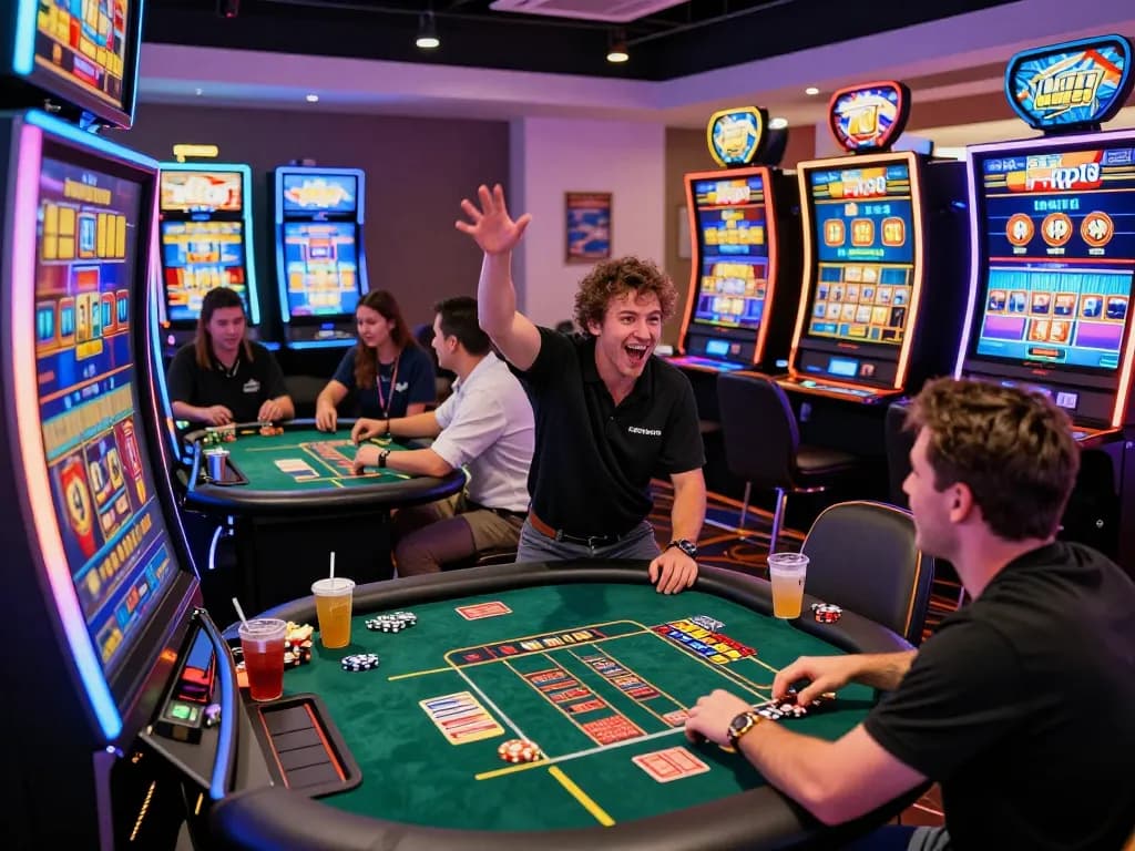 Dynamic casino gaming scene with players enjoying MM88 experience, vibrant lights, and engaging digital tables.