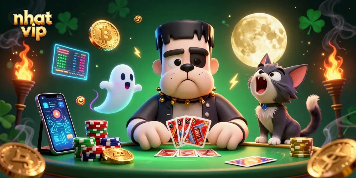Nhat vip casino scene with a Frankenstein bulldog monster dealing cards at a ghostly table