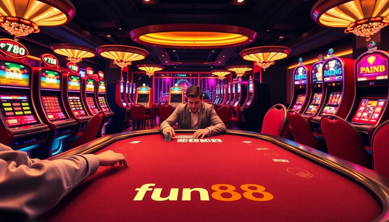 Experience fun88's exciting casino atmosphere with professional poker and vibrant slot machines.