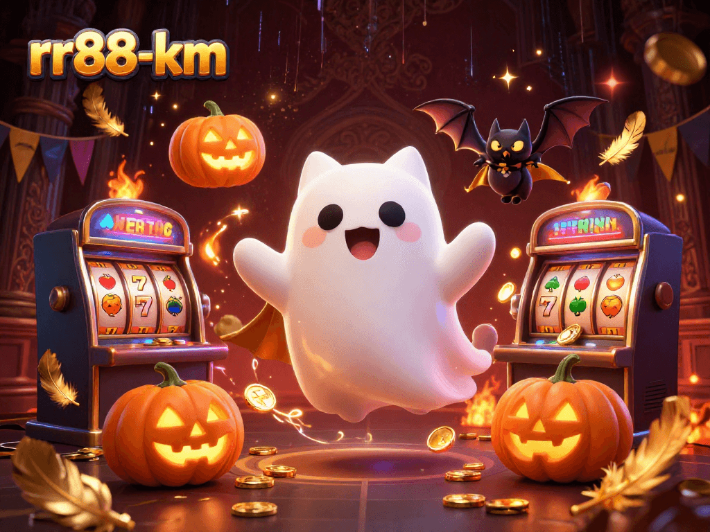 Engage with thrilling visuals of rr88-km's haunted casino setting featuring spinning slot reels.