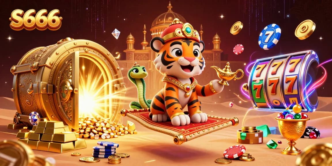 S666 offers thrilling casino experiences with a tiger sultan on a poker chip carpet surrounded by jackpot treasure.