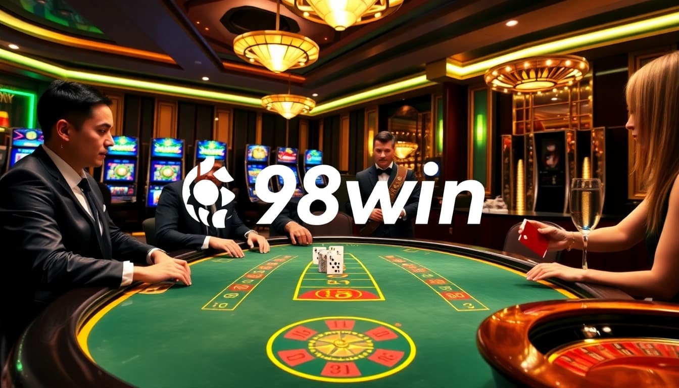 Intense poker game at a 98win casino table with elegant decor and sparkling details.