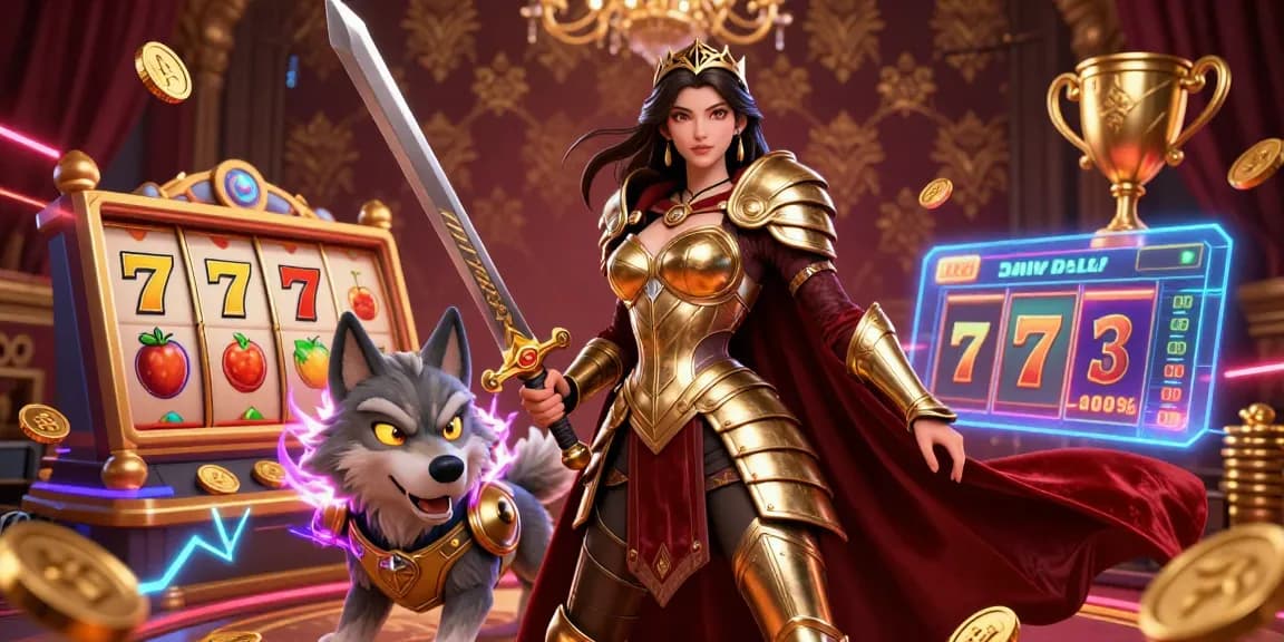 Experience the thrill at HM88 LINK with vibrant casino action, featuring a warrior queen and mystical wolf.