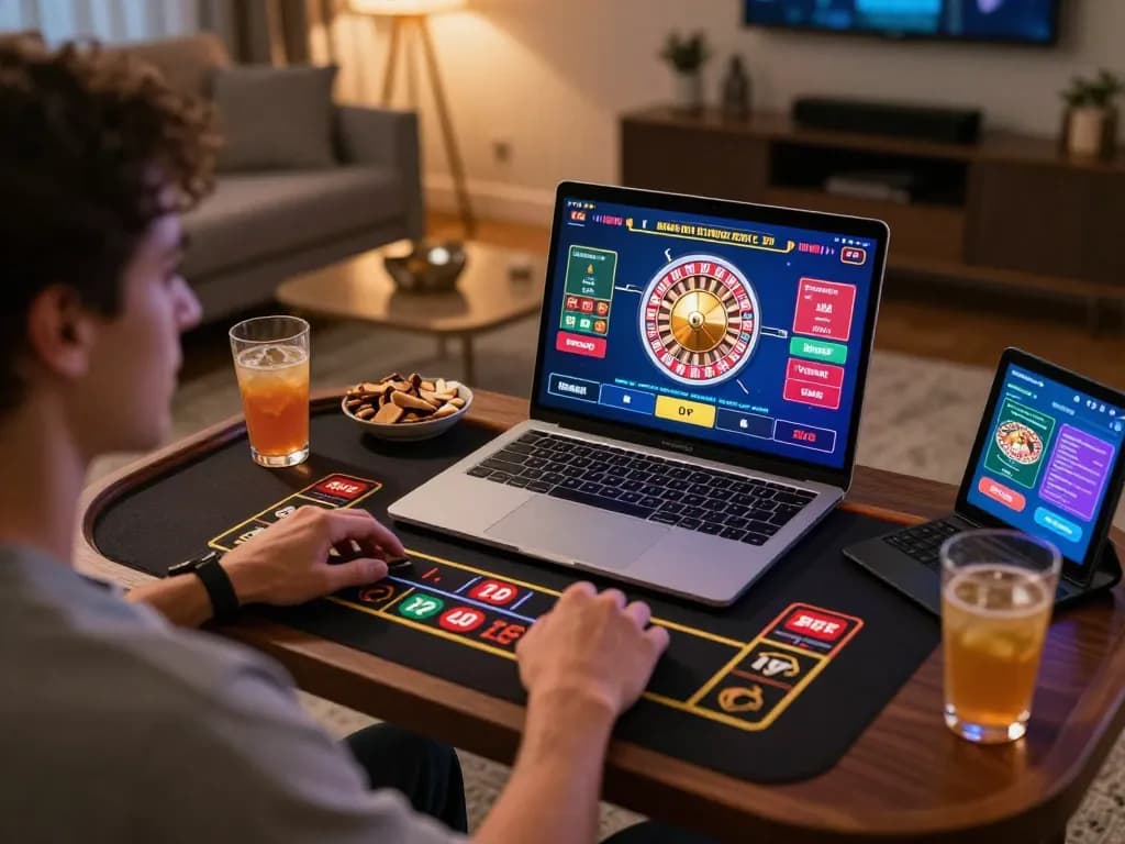 Player engaging with live dealer roulette game online MM88, showcasing a cozy home gaming setup.