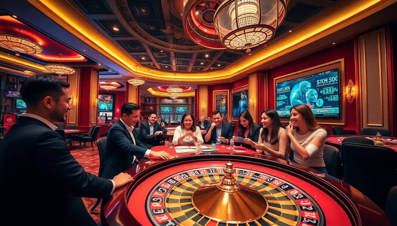 Engaging gamblers at HM88 gaming table with poker chips and roulette wheel.
