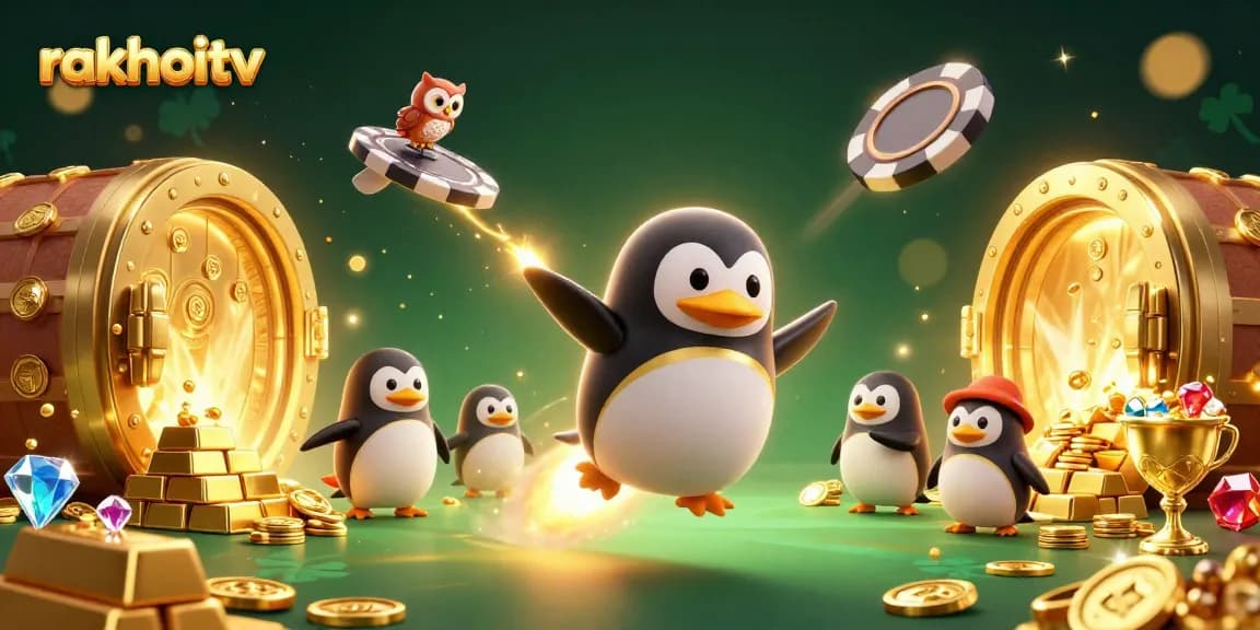 Experience rakhoitv's thrilling casino adventure with a golden penguin and poker chip station.