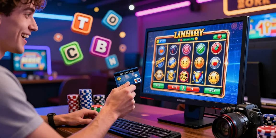 scoarch.org.uk lists the best credit card casinos with a player engaging at a computer while using a Visa card in a vibrant online casino setting.