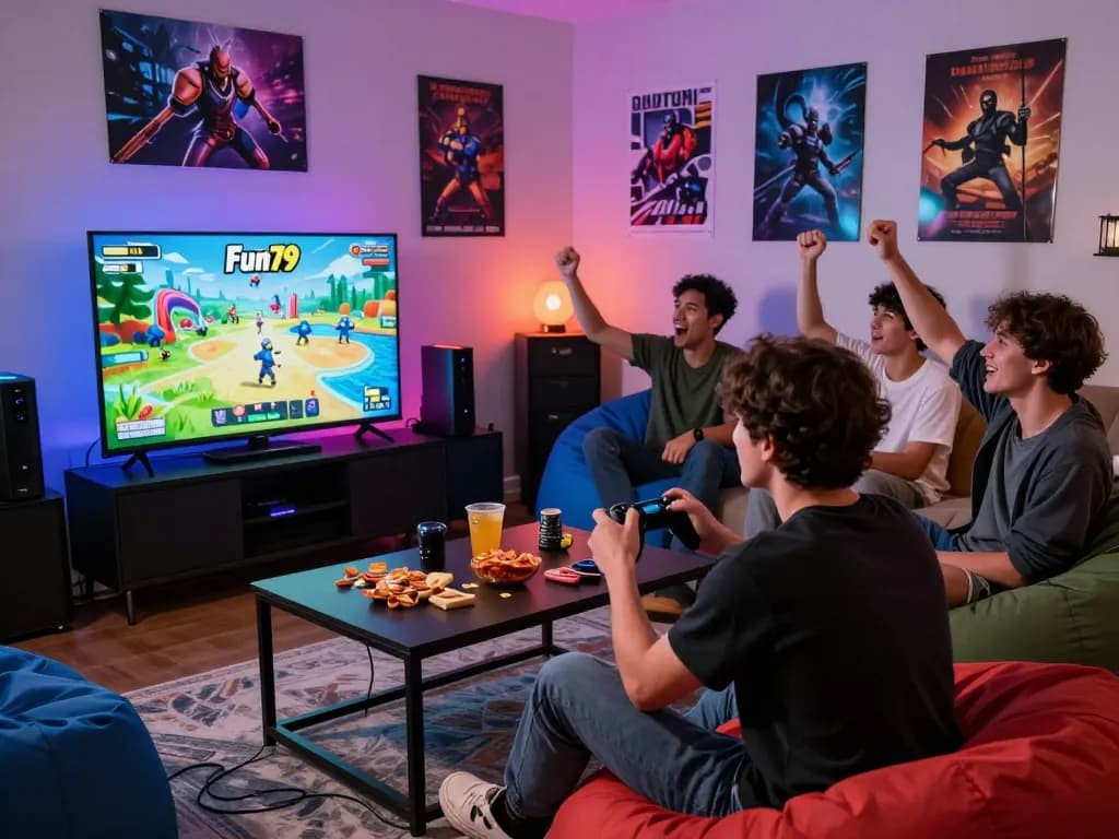Friends enjoying Fun79's interactive fishing game in a lively home gaming setup with snacks and vibrant decor.