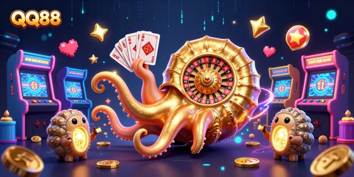 Experience the excitement of QQ88 with a vibrant 3D casino scene featuring a giant nautilus and colorful gaming elements.