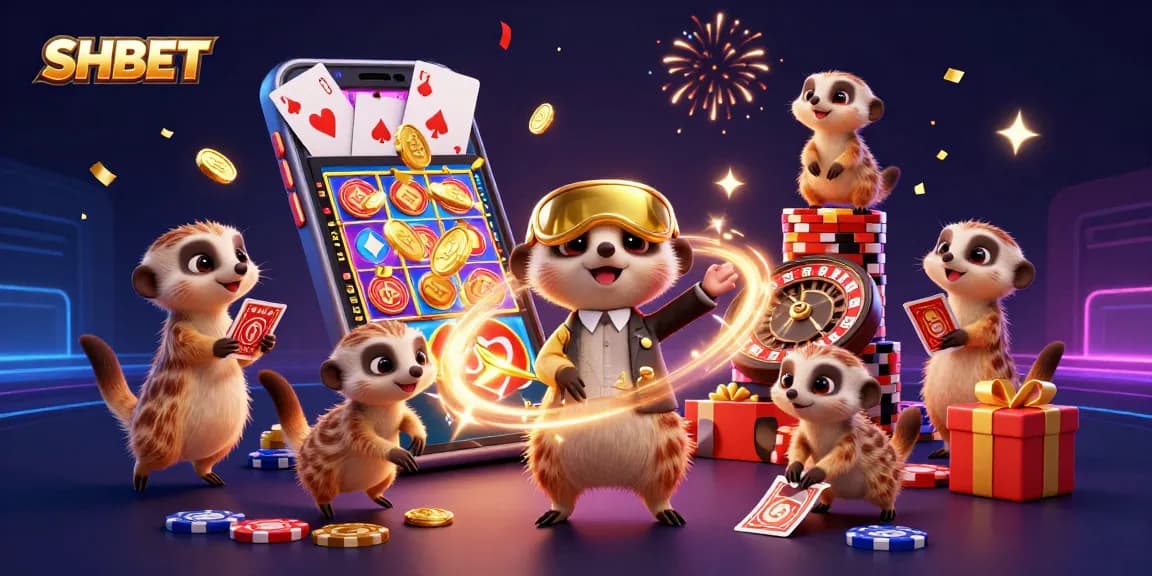 Experience the vibrant thrills of SHBET's online casino with meerkats managing an exciting game.