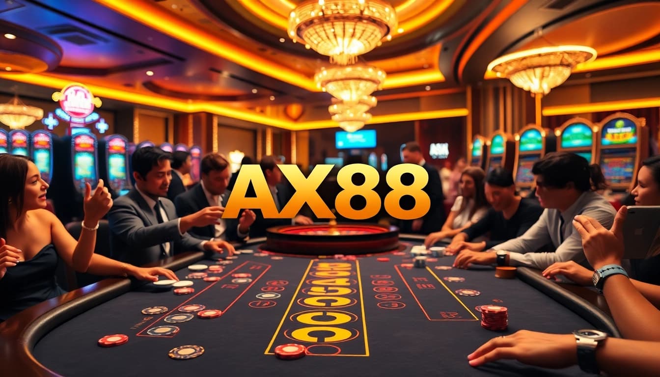 Gamblers enjoying an exciting game at AX88's vibrant casino table, featuring chips and roulette.