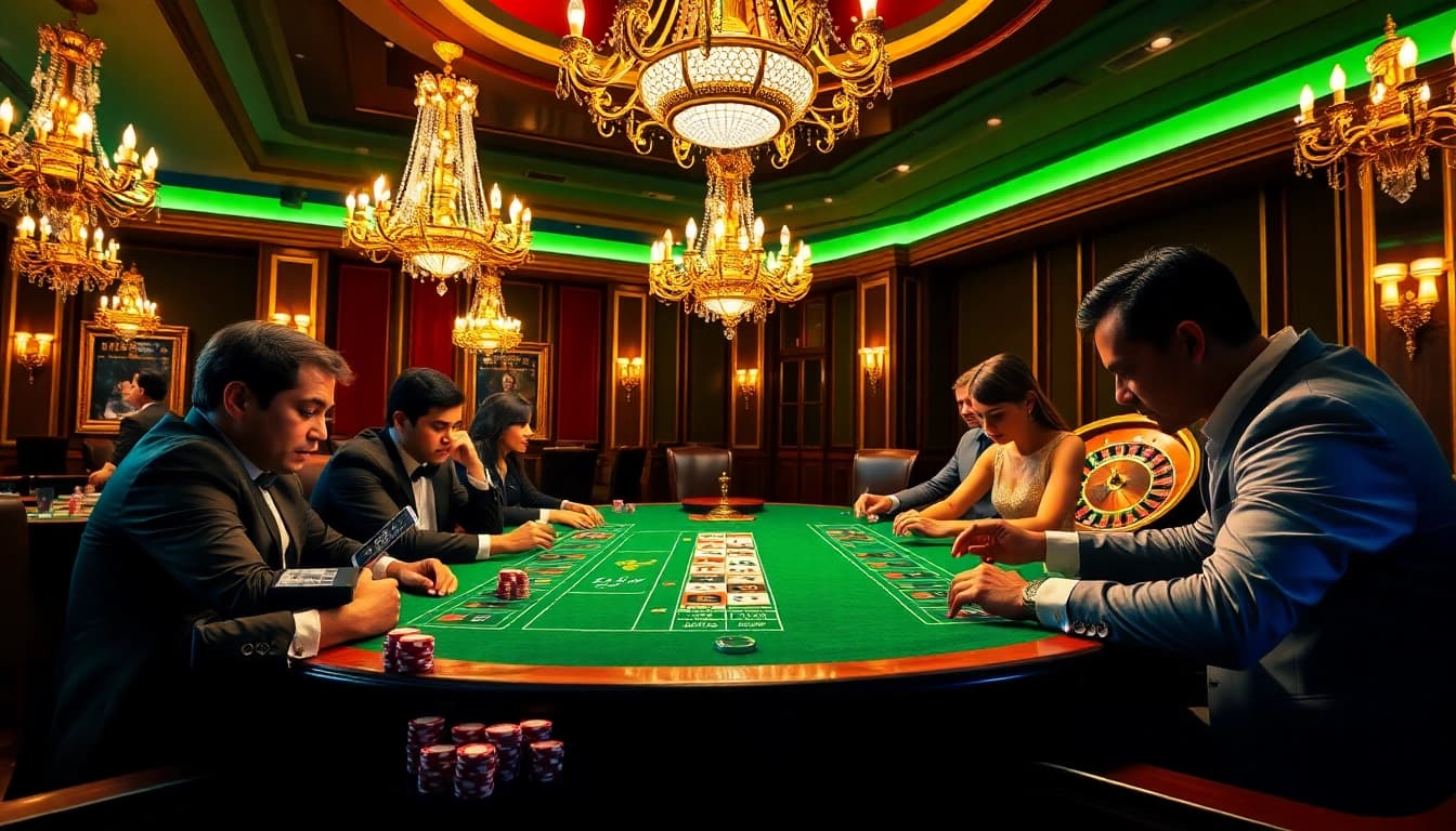 Engaging poker game scene at https://qq88pro.vip/ showcasing players, chips, and a roulette wheel.