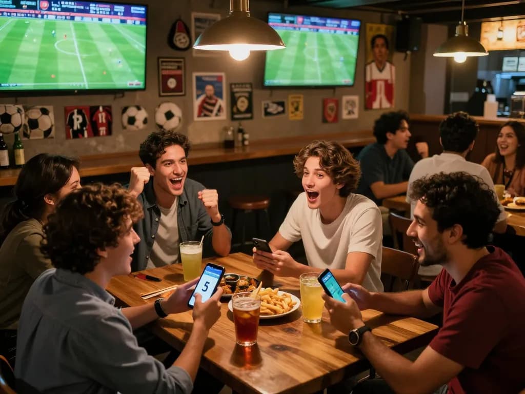 Friends celebrating while checking kèo nhà cái 5 on their phones during a live soccer match at a sports bar