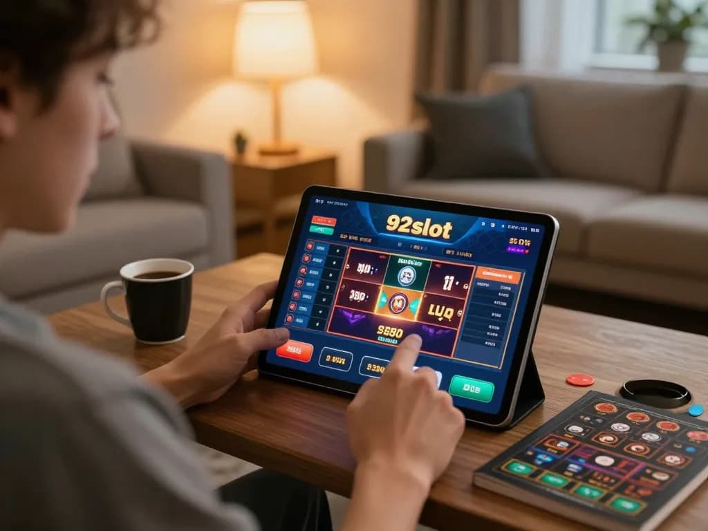 Engaging in online gaming on 92slot com, showcasing a cozy home setup with betting strategies