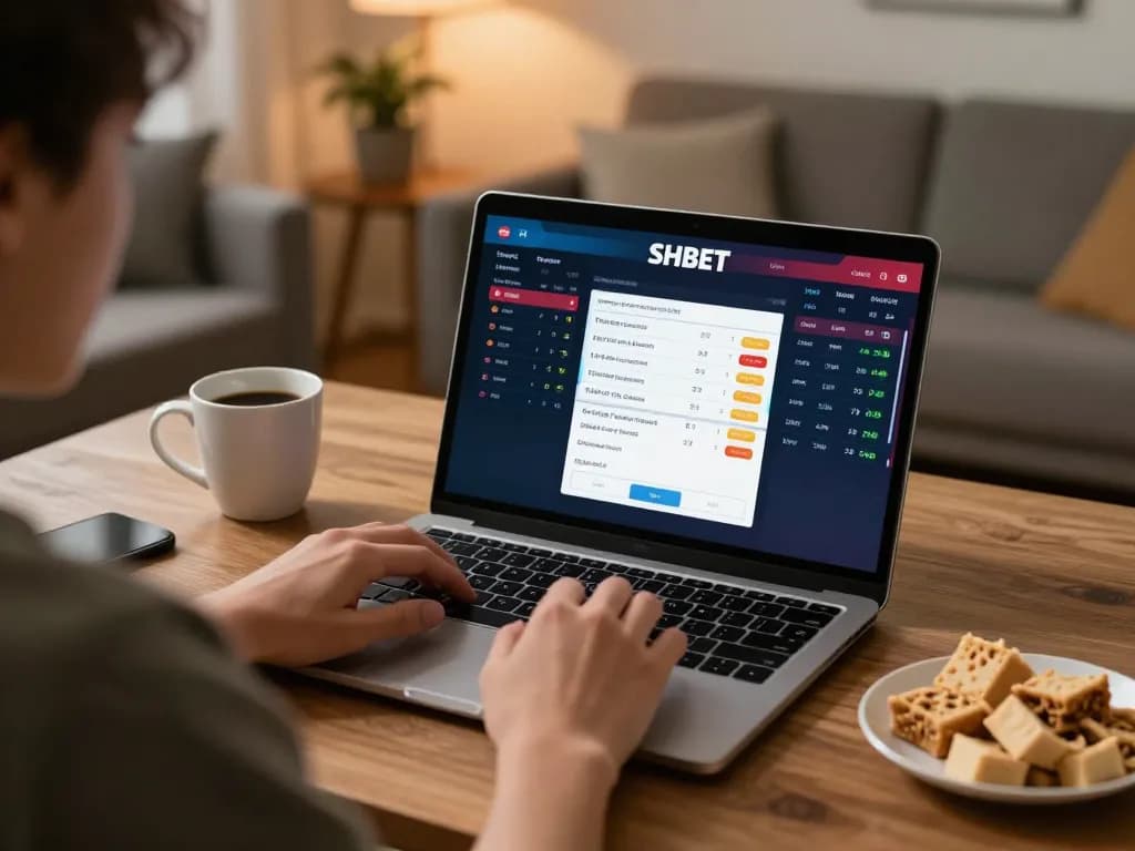 Engaging in SHBET sports betting at home, showing laptop screen with live odds and a focused user.