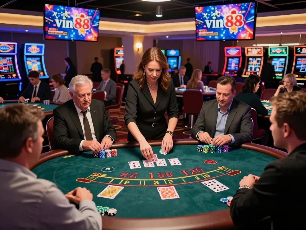 vin88 blackjack table with enthusiastic players enjoying live dealer game in luxurious casino setting