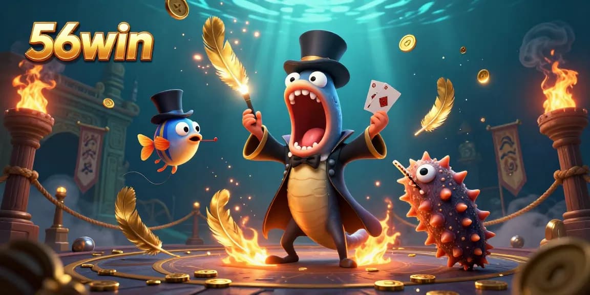 Experience the thrilling magic of 56win with a vibrant underwater casino scene featuring unique sea characters.