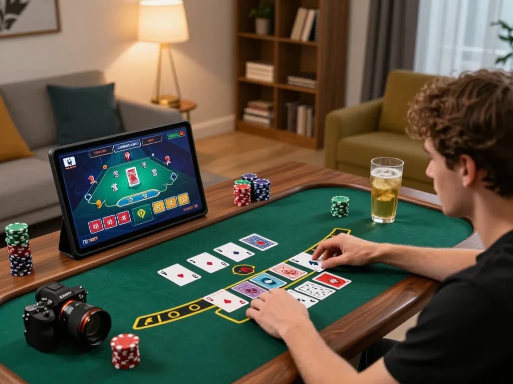 BJ88 user playing online blackjack on a tablet in a cozy modern living room.