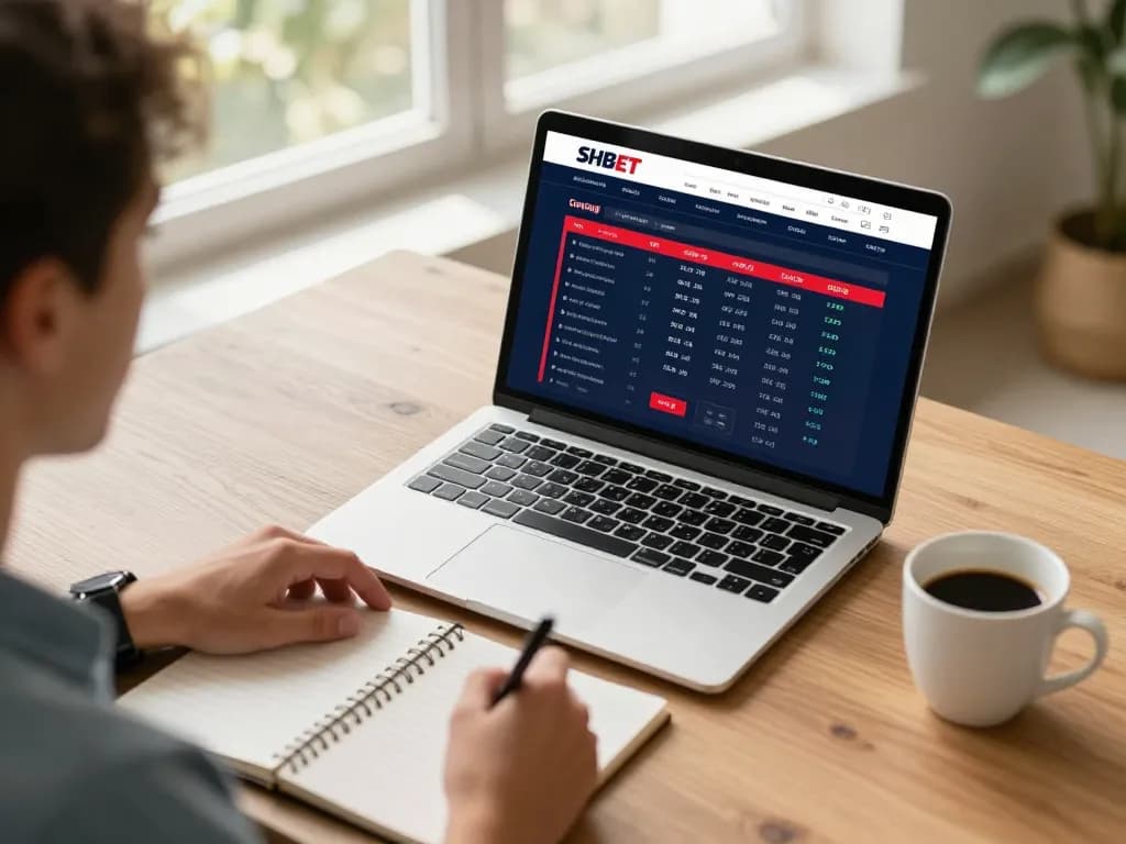 Engaging in live sports betting on SHBET platform with stats analysis at home desk.
