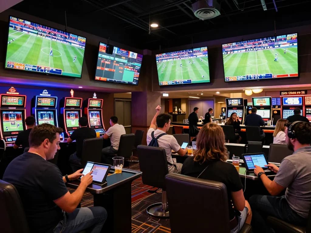 Cheering patrons engaging in sports betting at DH88's modern casino lounge.