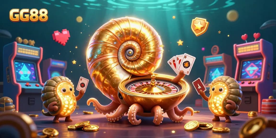 Experience the excitement of GG88 casino games with a vibrant 3D illustration featuring a giant nautilus roulette wheel.