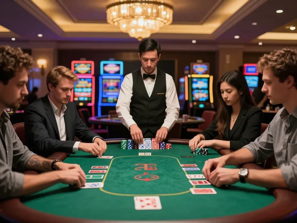 Players engaged at hit club poker table dealing cards and stacking chips in an upscale casino.