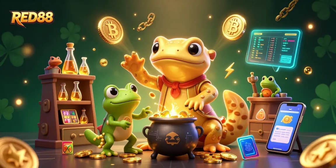 Engage in exciting gameplay at RED88 casino with vibrant slot reels and golden alchemy in a magical scene.