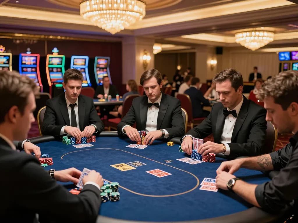 Intense players at Nhà cái SAY88 poker table analyze cards and strategize bets during a high-stakes game.