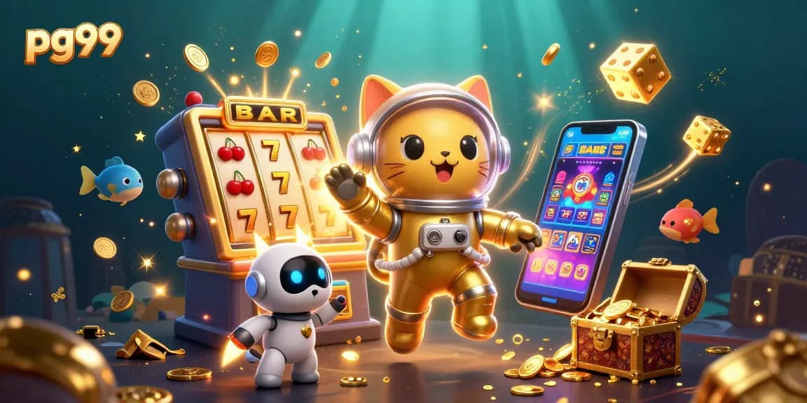 Experience fantastic gaming at pg99 with a colorful 3D casino scene featuring immersive jackpots and slot elements.
