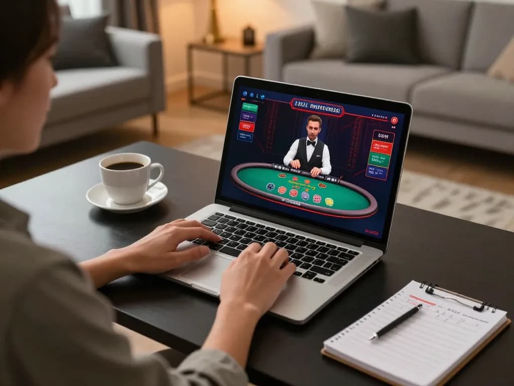 HDBET online player engaged in live dealer blackjack with stylish home decor and warm lighting.