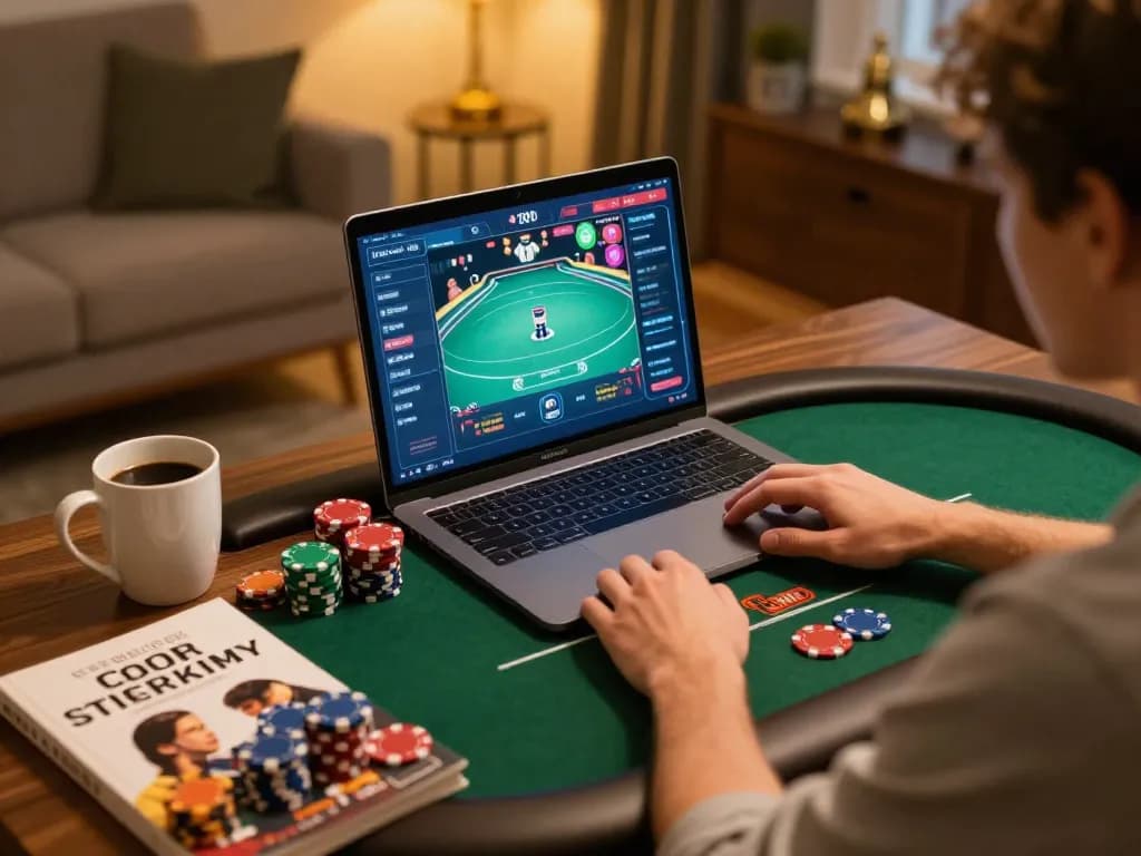 Engaging gameplay on laptop at home highlighting strategic Link nhà cái Say88 among poker chips and notes