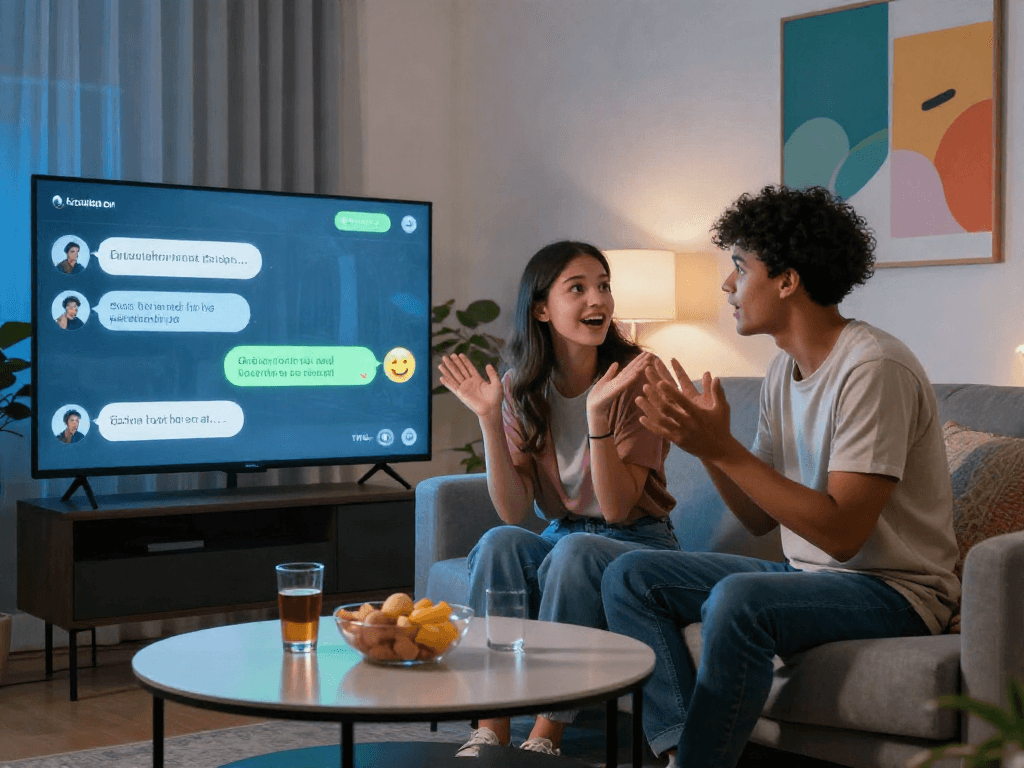 A couple engaged in ai chat porn with virtual avatars, showcasing modern interaction in a cozy living room.