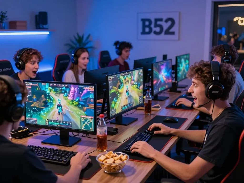 B52 online gaming scene with friends enjoying gaming excitement and colorful screens.