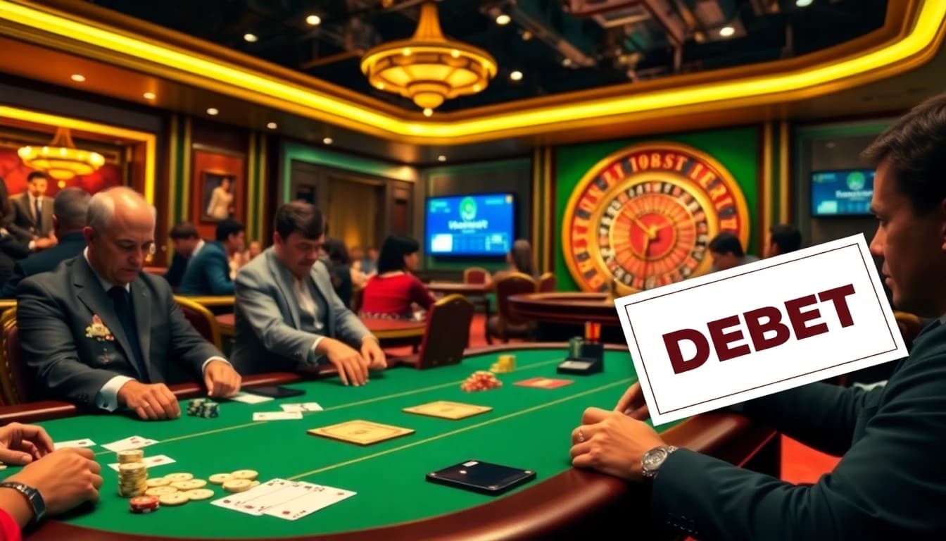 Experience excitement at a casino table with DEBET branding, poker chips, and vibrant ambiance.
