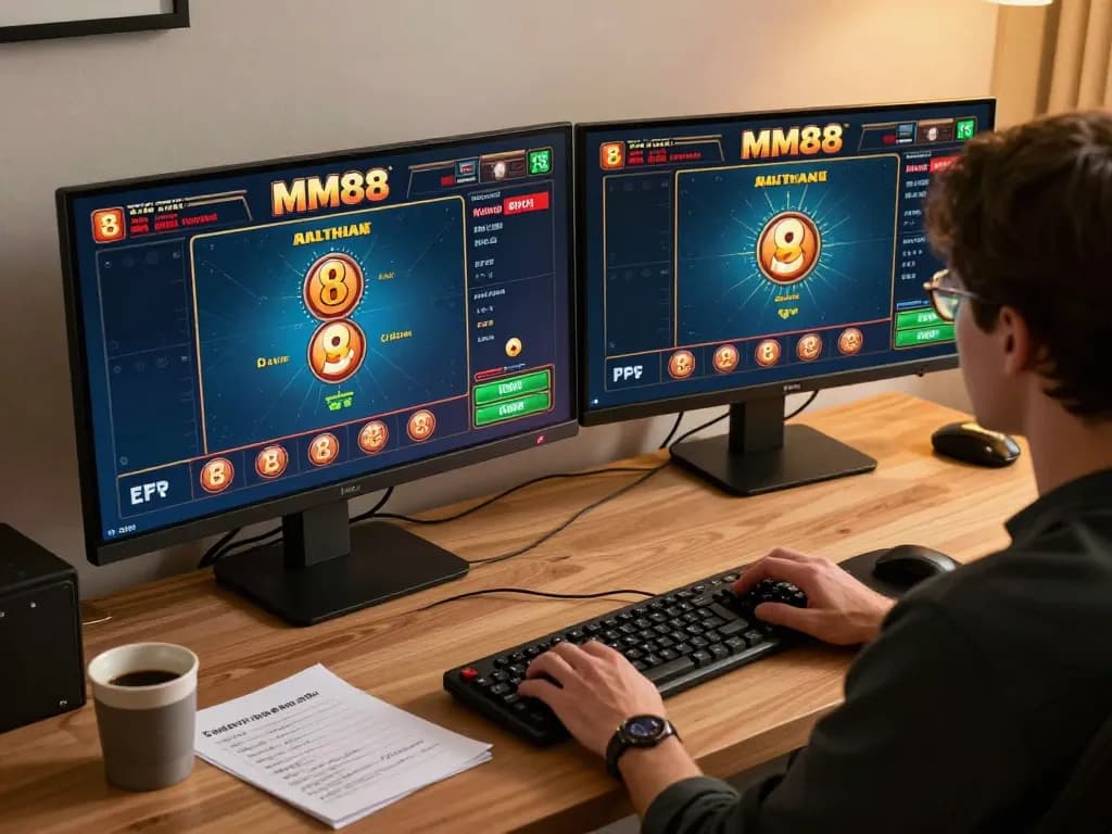 Engaged player strategizing on MM88 casino games in a modern home gaming setup.