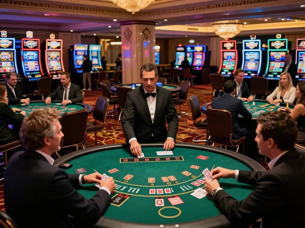 Engaged players at a hit club blackjack table showcasing dynamic gameplay in a lively casino atmosphere