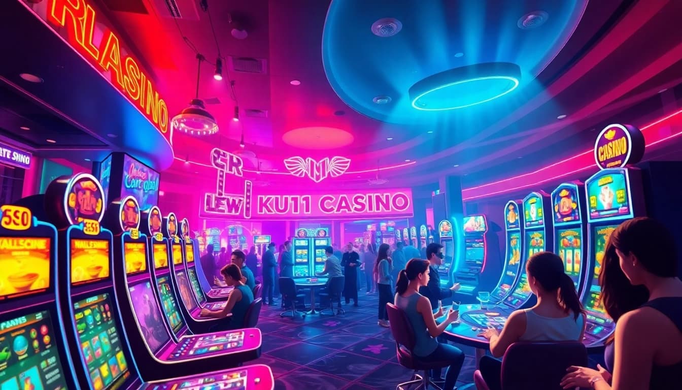Experience the excitement of ku11 casino with vibrant gaming scenes and lively crowds.