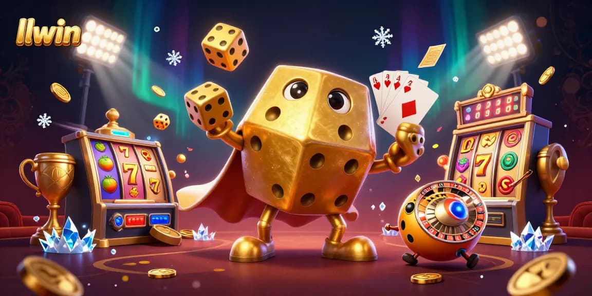 llwin games come to life with a vibrant 3D casino scene featuring a dice golem and spinning slot reels.