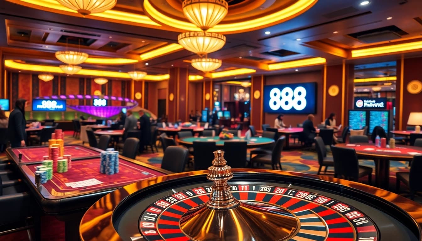 Engaging players at the luxurious casino showcasing nhà cái 888vnd logo, vibrant gaming tables, and thrilling ambiance.