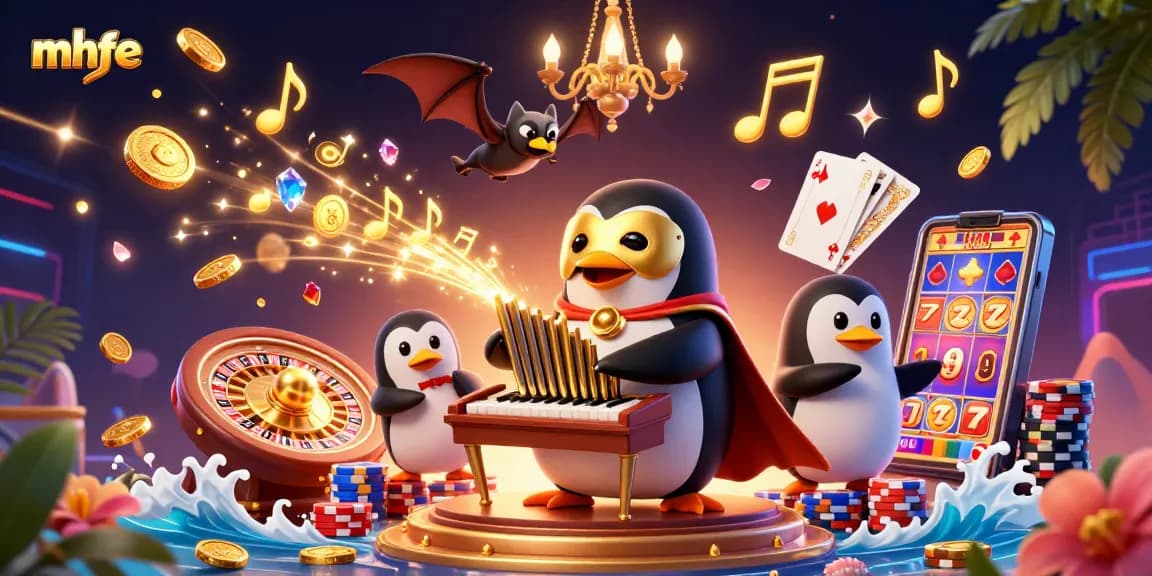 Experience enchanting casino thrills with mhfe featuring a musical penguin amidst swirling golden coins.