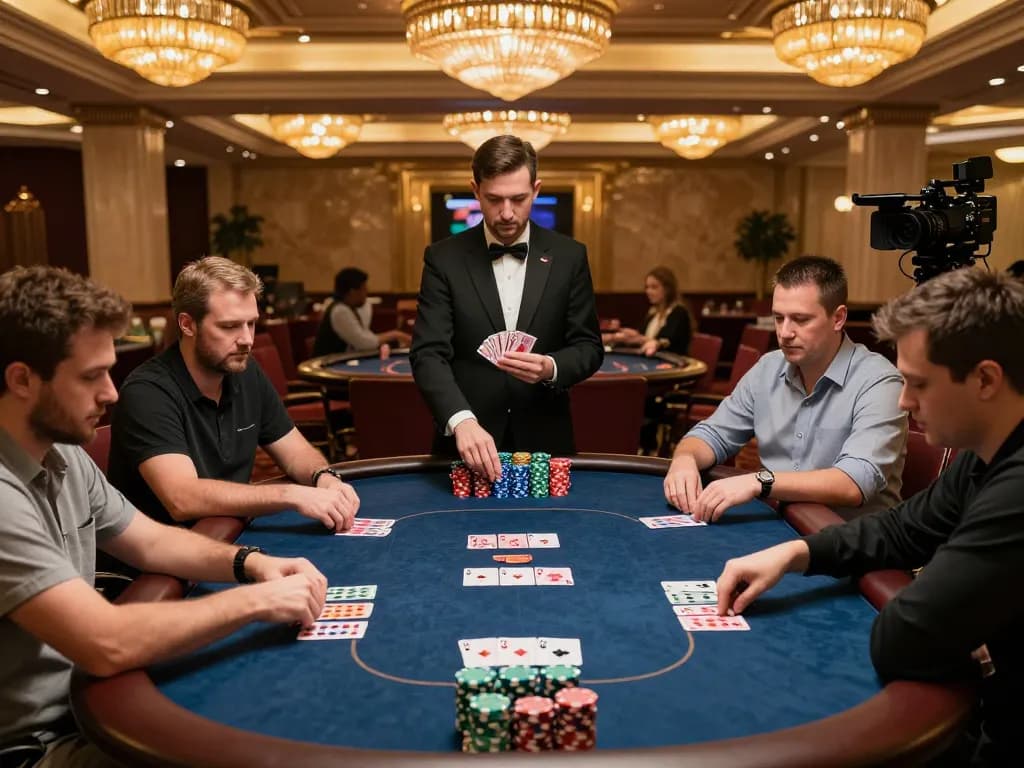Experience thrilling high-stakes poker at 888bgo in a luxurious casino environment, showcasing intense gameplay.