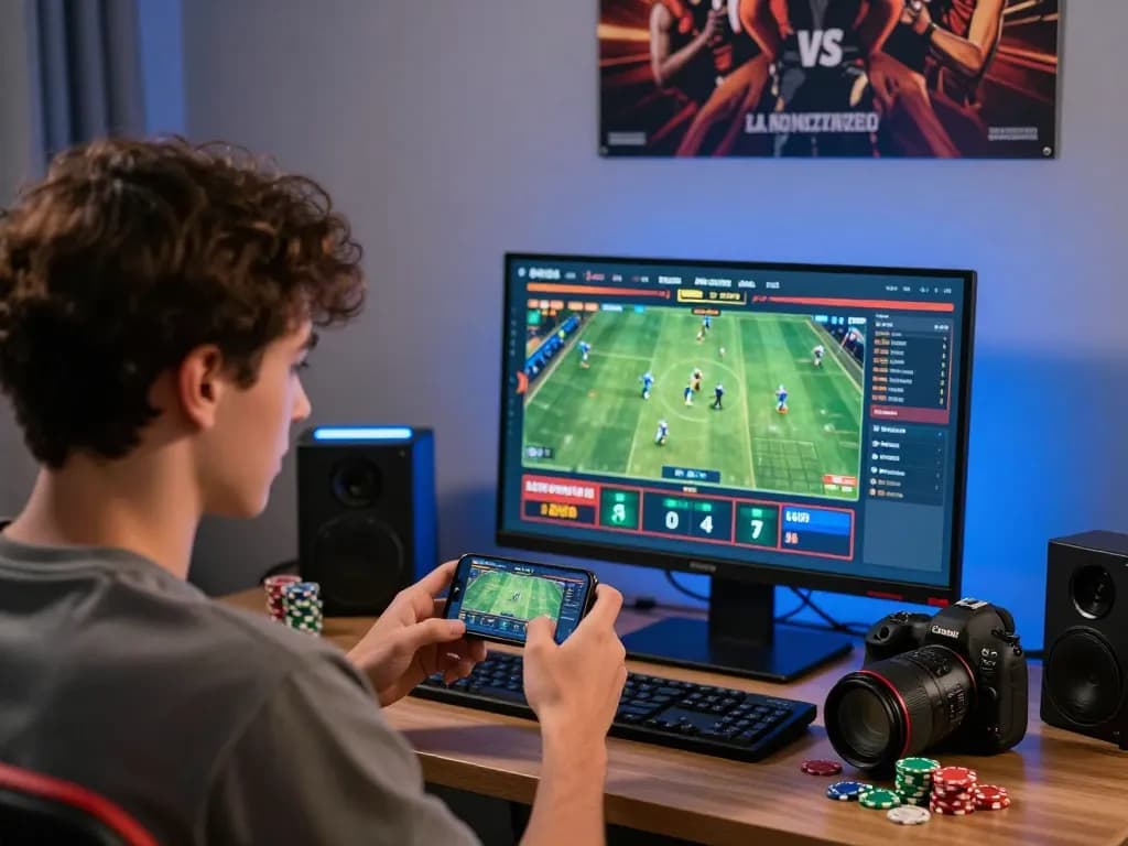 Young male user engaging with fabet on smartphone amidst gaming atmosphere.