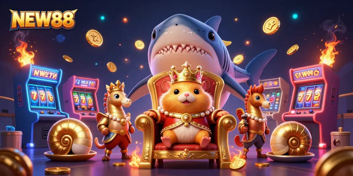 Engage in thrilling gaming adventures with NEW88's vibrant 3D casino illustration showcasing exciting slot and jackpot elements.